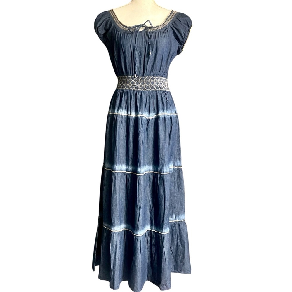Indigo & Lace Medium Blue Boho Peasant Maxi Dress Size M NWT